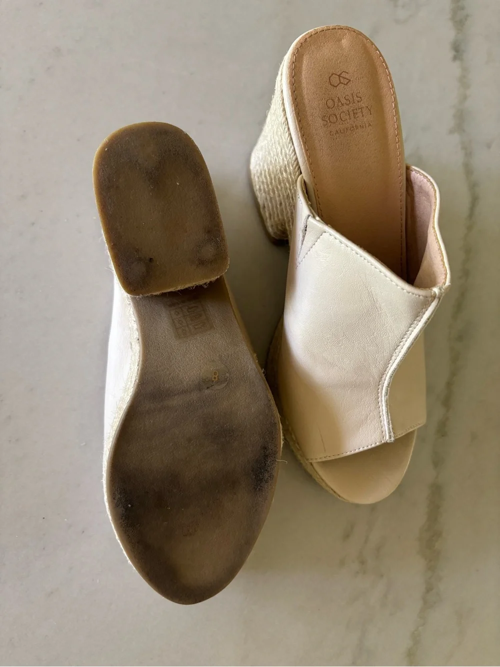 Oasis Society Cream Vegan Leather Espadrille Chunky Platform Boho Wedge Mules 8